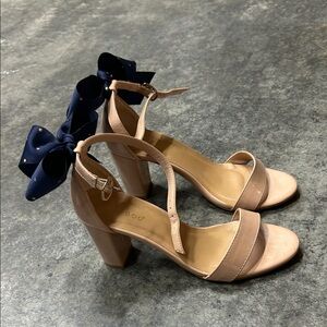 BAMBOO Nude Heels with Navy Bow Accent